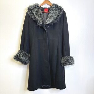Vintage Esprit Faux Fur Trim Wool Coat Black Size L